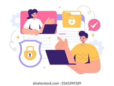 GDPR or General Data Protection Regulation Illustration featuring Cybersecurity, Personal Information Protection, and Access Control Verification