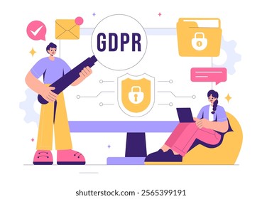 GDPR or General Data Protection Regulation Illustration featuring Cybersecurity, Personal Information Protection, and Access Control Verification