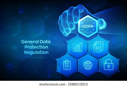 GDPR. General Data Protection Regulation. Cyber security and privacy concept on virtual screen. Protection of personal information. Hand places an element into a composition. Vector illustration.