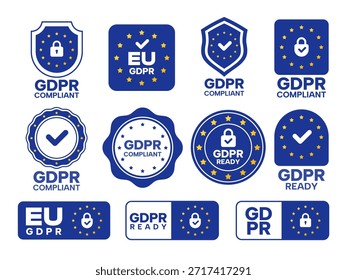 RGPD. Etiquetas conformes con la normativa general de protección de datos, certificado de política de privacidad y emblemas de información personal seguros. Vector GDPR set de sellos.