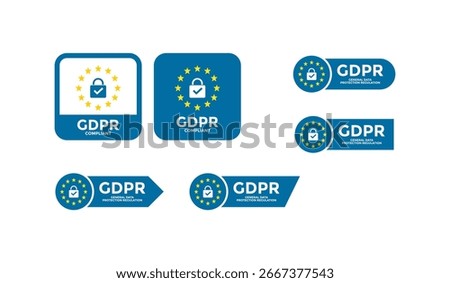 GDPR ( General Data Protection Regulation) badges logos set with features a padlock and EU stars. Suitable for websites, mobile apps, and corporate documents, privacy policy pages, consent forms 