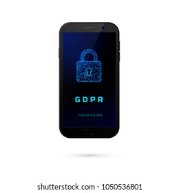 GDPR - General Data Protection Security.  Phone with padlock on screen isolated on white background. Vector illustration