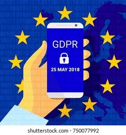 GDPR - General Data Protection Security technology background. Regulation. phone in hand. Vector illustration