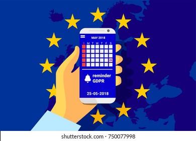 GDPR - General Data Protection Security technology background. Regulation. phone in hand. Vector illustration