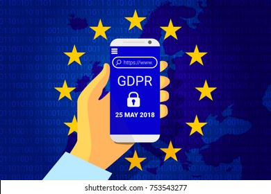 GDPR - General Data Protection Security technology background. Regulation. phone in hand with GDPR text and confidential data lock. Vector illustration