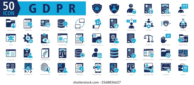 GDPR ICON SET With Pseudonymisation, Anonymization, Privacy Policy, Code of Conduct, Complaint, Personal Data, Transparency, Online Privacy, Data Integrity and Data Portability