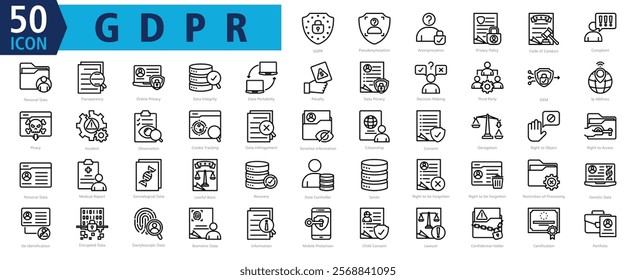 GDPR ICON SET With Pseudonymisation, Anonymization, Privacy Policy, Code of Conduct, Complaint, Personal Data, Transparency, Online Privacy, Data Integrity and Data Portability