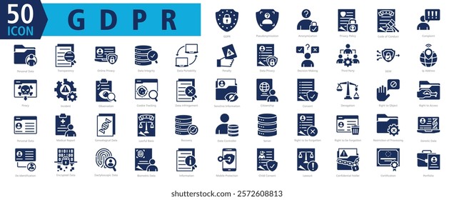 GDPR ICON SET With Pseudonymisation, Anonymization, Privacy Policy, Code of Conduct, Complaint, Personal Data, Transparency, Online Privacy, Data Integrity and Data Portability