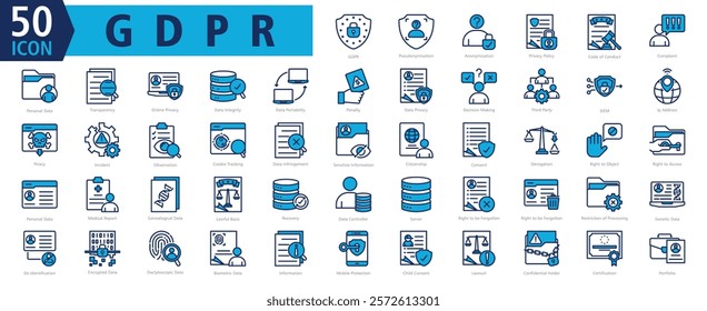 GDPR ICON SET With Pseudonymisation, Anonymization, Privacy Policy, Code of Conduct, Complaint, Personal Data, Transparency, Online Privacy, Data Integrity and Data Portability