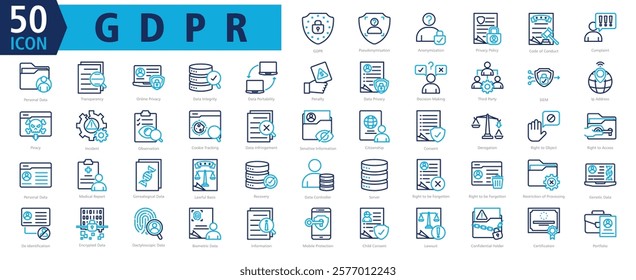 GDPR ICON SET With Pseudonymisation, Anonymization, Privacy Policy, Code of Conduct, Complaint, Personal Data, Transparency, Online Privacy, Data Integrity and Data Portability