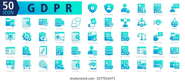 GDPR ICON SET With Pseudonymisation, Anonymization, Privacy Policy, Code of Conduct, Complaint, Personal Data, Transparency, Online Privacy, Data Integrity and Data Portability