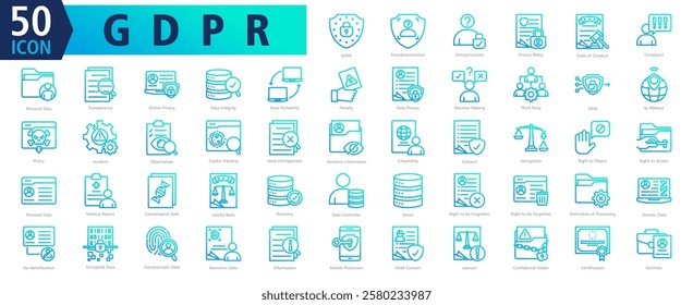 GDPR ICON SET With Pseudonymisation, Anonymization, Privacy Policy, Code of Conduct, Complaint, Personal Data, Transparency, Online Privacy, Data Integrity and Data Portability
