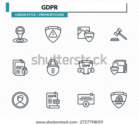 gdpr icons set - address, attention, photo, portfolio, fingerprint outline vector collection.