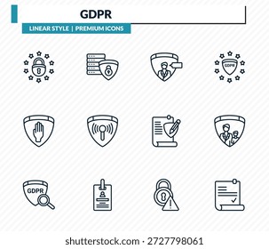 gdpr icons set - eu, data processing, profiling, child consent, consent outline vector collection.