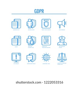 GDPR Icons Vector Illustration Set With Various Symbols Depicting General Data Protection Regulation Principles In Thin Line Art - Isolated Security And Safety Of Private Information Concept.