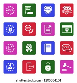GDPR Icons. White Flat Design In Square. Vector Illustration. 