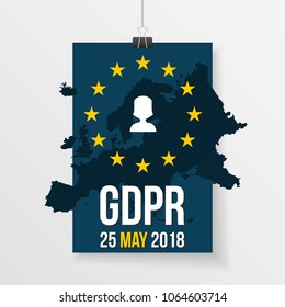 GDPR Illustration With Europe Map, Personal Data Icon On A Hanging Paper.