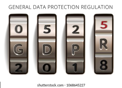 GDPR info banner. General data protection regulation of European Union. Realistic vector case code lock. Combination lock demonstrates the date when set of rules becomes enforceable, from 25 May 2018.