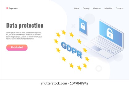GDPR Isometric Concept Illustration. Vector Isometric Illustration with Laptop, Phone and 12 Stars About General Data Protection Regulation.