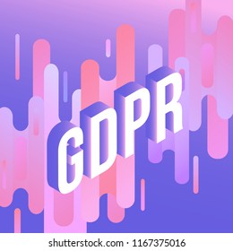 GDPR isometric gradient text design on abstract geometric violet fluid color shapes and stripes. Vector illustration of modern volumetric effect of word for business presentation.