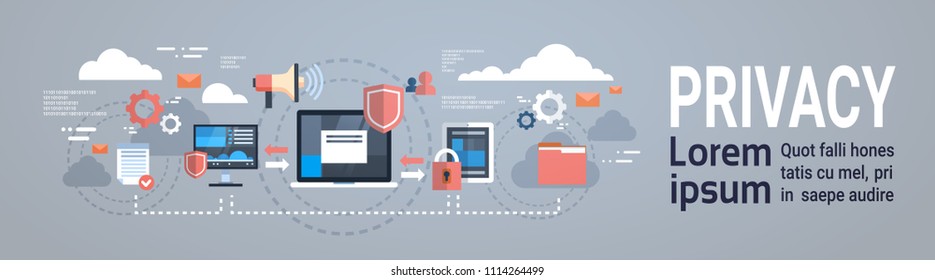 GDPR isometric infographic data privacy on grey background. network protection of personal storage General Data Protection Regulation concept banner copy space