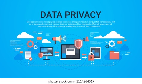 GDPR Isometric Infographic Data Privacy On Blue Background Network Protection Of Personal Storage General Data Protection Regulation Concept Copy Space