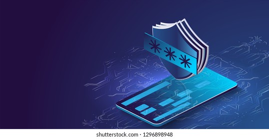 	
GDPR. Isometric personal data protection web banner concept. Electronic bill. smartphone with credit card and shield isometric vector illustration on blue background