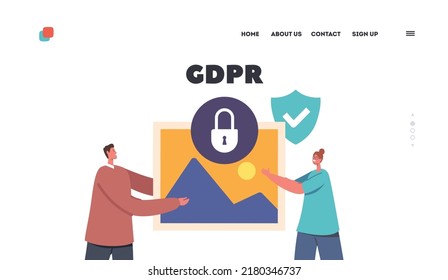 GDPR Landing Page Template. Data Protection, Social Media Documents Security, Tiny Characters with Huge Media File with Lock and Shield. Data Security And Privacy. Cartoon People Vector Illustration