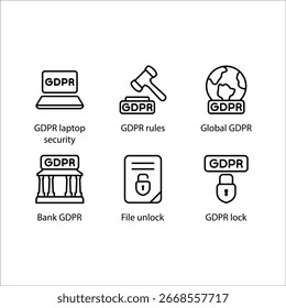 GDPR Laptop-Sicherheit, Regeln, Global, Bank, Datei entsperren, sperren, Symbol, Line-Symbol Set
