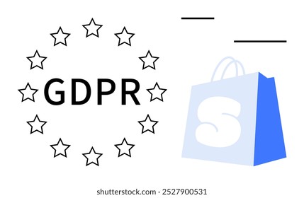 Letras GDPR cercadas por estrelas ao lado de um saco de compras. Ideal para proteção de dados, comércio eletrônico, privacidade, compras on-line, conformidade normativa e transações seguras. Estilo simples e educacional