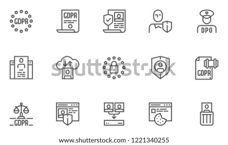 GDPR Line Icons Set. General Data Protection Regulation, Data Protection Officer, DPO. Collection, Processing, Storage and Deletion of Personal Data. Editable Stroke. 48x48 Pixel Perfect.