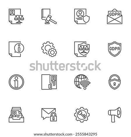 GDPR line icons set, outline vector symbol collection, linear style pictogram pack. Signs, logo illustration. Set includes icons as General Data Protection Regulation, Cyber Security, Encryption