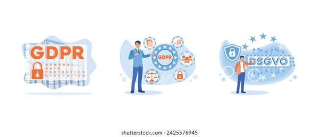 GDPR. A man stands and touches GDPR approval on a touch screen. General rules for data protection concept. Set flat vector illustration.