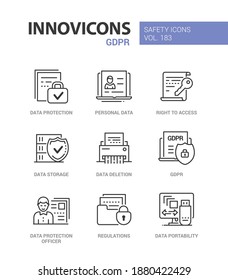 GDPR - Modern Line Design Style Icons Set. The Law On Data Protection And Privacy, Principles. Portability, Personal Information, Right To Access, Storage, Deletion, Officer, Regulations Sumbols