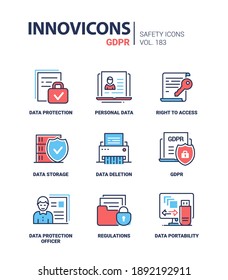 GDPR - modern line design style icons set. The law on data protection and privacy, principles. Portability, personal information, right to access, storage, deletion, officer, regulations