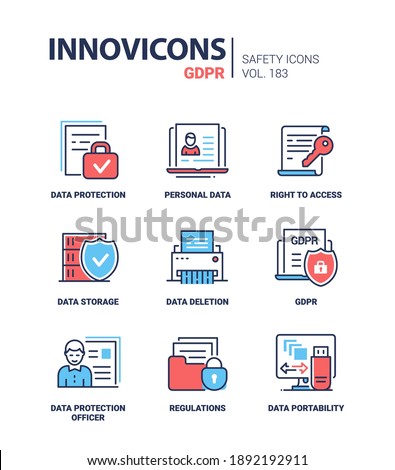 GDPR - modern line design style icons set. The law on data protection and privacy, principles. Portability, personal information, right to access, storage, deletion, officer, regulations