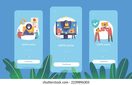 Gdpr Online Mobile App Page Onboard Screen Template. Privacy Data Protection In Internet, Virtual Private Network Concept with Tiny Characters At Huge Computer. Cartoon People Vector Illustration