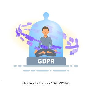 GDPR and online security. Man meditating inside of glass dome surrounded with stream of text messages. Flat vector illustration. Isolated on white background.