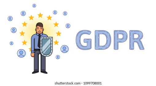 GDPR and online security. Man with a shield among European stars and personal accounts. GDPR letters. General Data Protection Regulation. Flat vector concept illustration. Isolated on white.