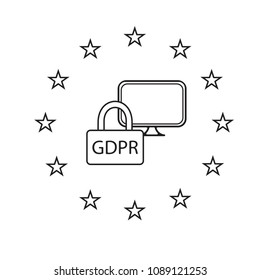 GDPR outline icon, vector design object. General Data Protection Regulation. Key and computer in a circle of european stars