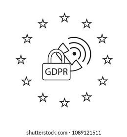 GDPR outline icon, vector design object. General Data Protection Regulation. Key and phone in a circle of european stars