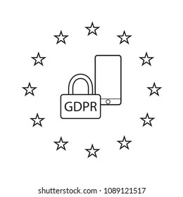 GDPR outline icon, vector design object. General Data Protection Regulation. Key and mobile phone in a circle of european stars