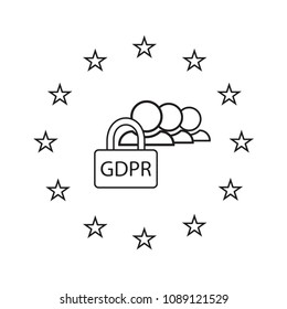 GDPR outline icon, vector design object. General Data Protection Regulation. Key and peopler in a circle of european stars