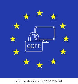 GDPR outline icon, vector design object. Outline colored icon. General Data Protection Regulation. Key and computer in a circle of european stars