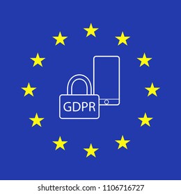 GDPR outline icon, vector design object. Outline colored icon. General Data Protection Regulation. Key and mobile phone in a circle of european stars