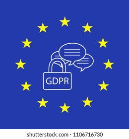 GDPR outline icon, vector design object. Outline colored icon. General Data Protection Regulation. Key and chat in a circle of european stars