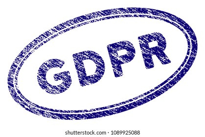 GDPR oval stamp seal. Vector element with grainy design and corroded texture in blue color. Designed for overlay watermarks and grunge textured rubber seal imitations.
