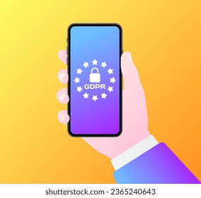 GDPR phone protection. Flat, color, phone in hand, phone screen, GDPR protection, screen lock. Vector icon