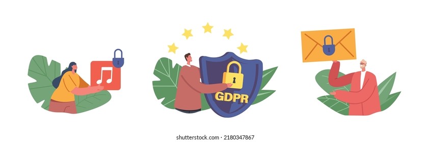 GDPR Policy, Data Protection, Privacy Concept. Tiny Characters with Huge Media File, Shield and Envelope with Padlock. Secure Information or Account Web Security. Cartoon Vector Illustration