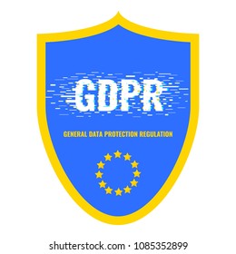 GDPR poster with glitch noise pixel effect on blue security shield. European general data protection regulation concept. Readiness and compliance for privacy policy law. Vector illustration. 

